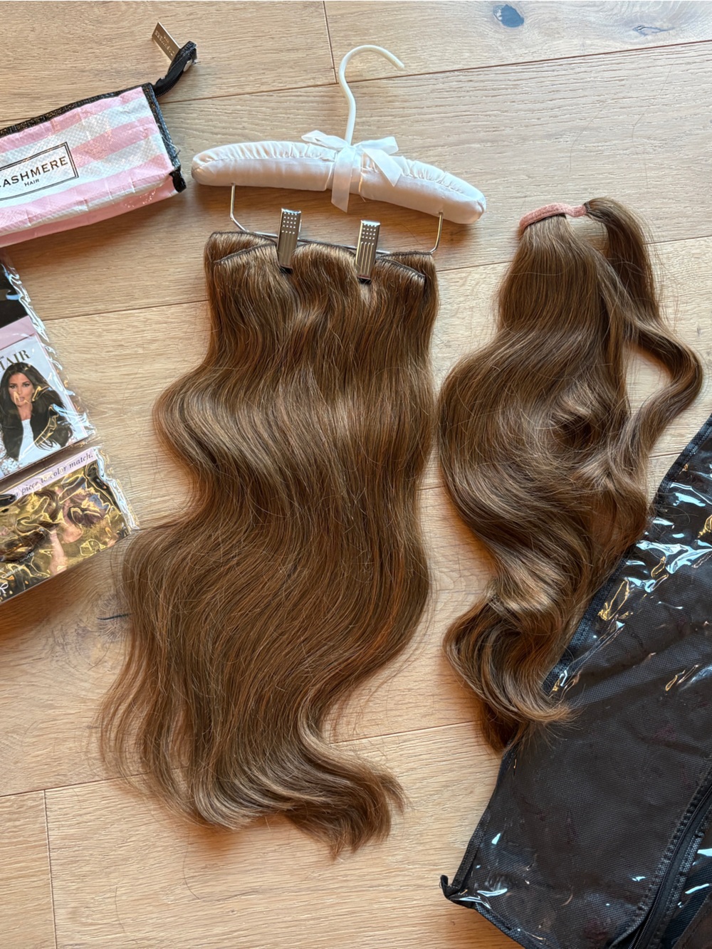 Cashmere Hair 20” Light Brown Clip-In Extensions & Wrap Ponytail Set